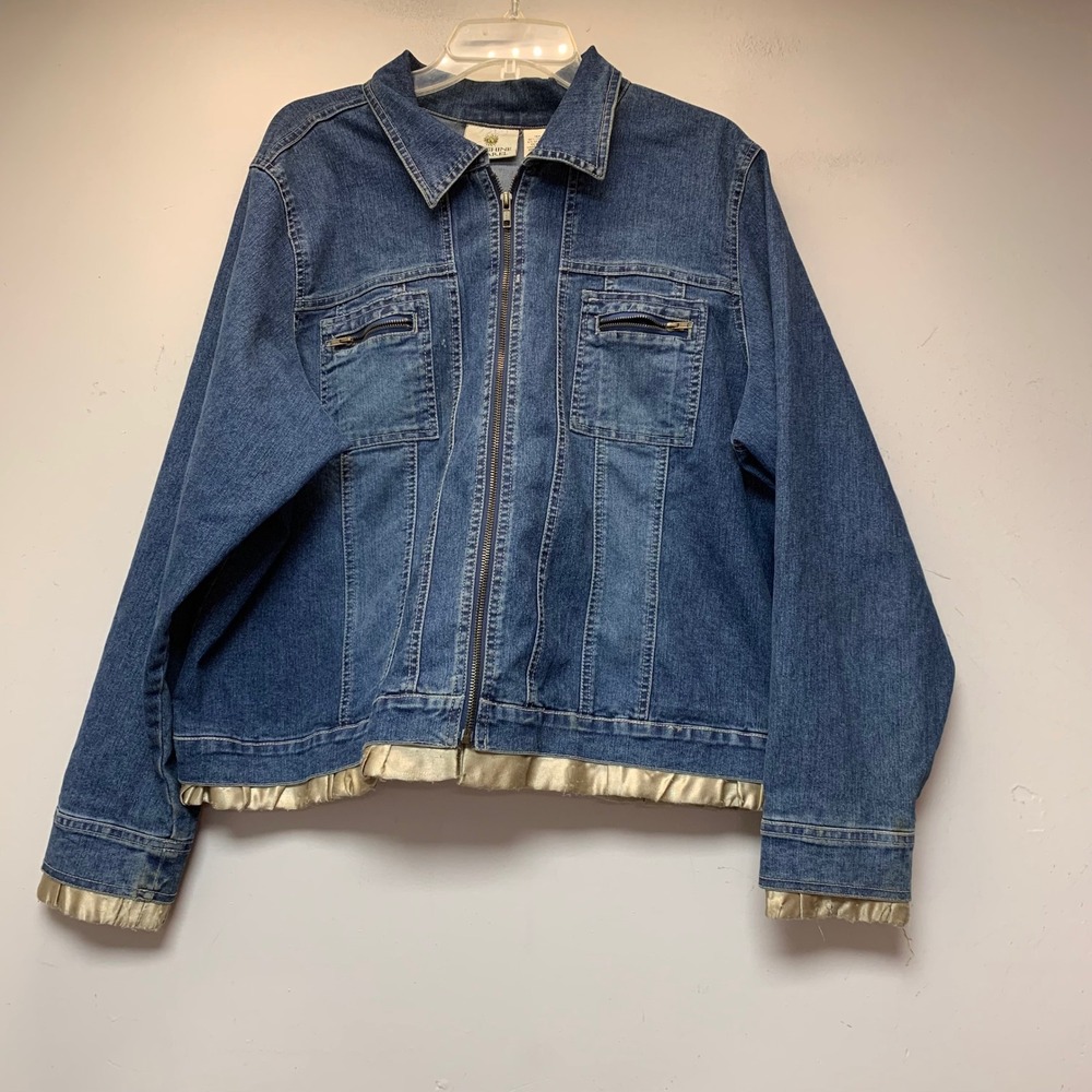 Sunshine Apparel Jean Jacket Women 18W Blue Gold Excellent Ruffle Trim Zip Up